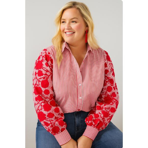 Chicos Embroidered Poplin Striped Red White Button Up Shirt Top Plus 3X - Picture 1 of 9
